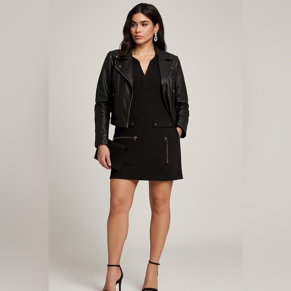 Cynthia Steffe Black Utility Mini Dress Y2K Cap Sleeve Mod Pockets Stretch 10 - Picture 7 of 13